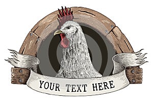 Chicken farm logo hand draw vintage engraving style clip art isolated on white background