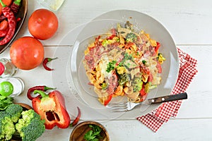 Chicken Fettuccine with Vegetables on White Background