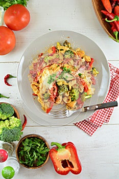 Chicken Fettuccine with Vegetables on White Background