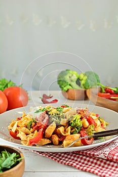 Chicken Fettuccine with Vegetables on White Background