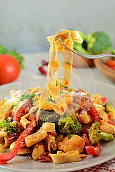 Chicken Fettuccine with Vegetables on White Background