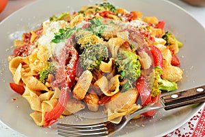 Chicken Fettuccine with Vegetables on White Background