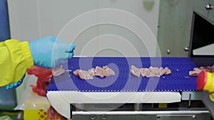 Chicken fillet after automatic cutting size load out of machine.