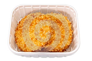 Chicken fillet breaded burgers in plastic food tray