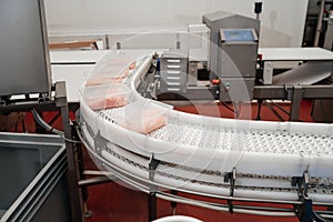 Chicken fillet production line . Factory for the production of food from meat.Modern poultry processing plant.Conveyor
