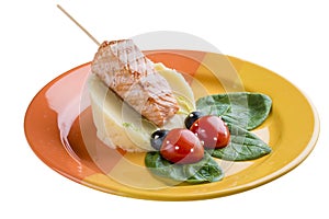 Chicken fillet on skewer with mashed potatoes. Meals for children