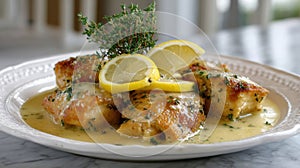 Chicken francese with lemon and herbs on white plate
