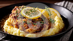 Chicken Francese with Lemon Sauce on a Black Plate
