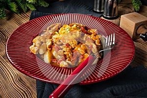 Chicken fricassee with noodles and salad