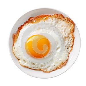 Chicken fried egg on a plate cut out on a transparent background in PNG format. Fried egg close-up, top view. Diet