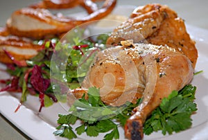 Chicken fried with greens and vegetables