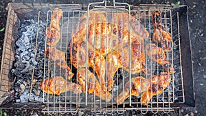 Chicken is fried on a grill grid, top view. The concept of a picnic.