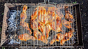 Chicken is fried on a grill grid, top view. The concept of a picnic.