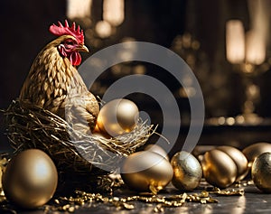 chicken and golden eggs on the nest. symbol of prosperity and wealth