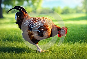 Chicken grazing on green grass in country yard