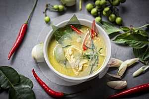 Chicken green curry Thai food on soup bowl with ingredient vegetable herbs and spices pepper chili black background, Traditional