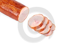 Chicken ham, and slices of tasty chicken meat , isolated on white background