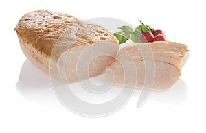 Chicken ham and slices on white background
