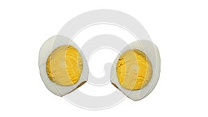 Chicken hard boiled egg without shell in cut,isolated on white,close-up of eggs.