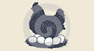 Chicken, hen with nest, eggs. Vintage artwork