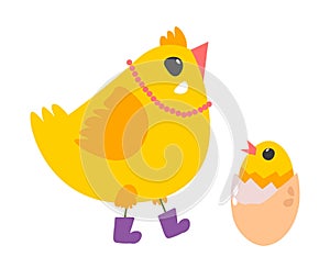 Chicken hen and small chick in eggshell vector