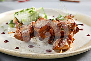 Chicken hip barbecue with homemade fresh vegetable salad in beige plate