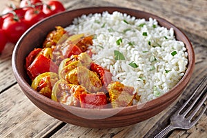 Chicken jalfrezi healthy traditional Indian curry spicy fried meat with vegetables photo