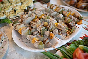 Chicken kabob skewers with assorted vegetables