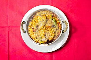 Chicken karahi, indian spicy chicken masala isolated on background top view of pakistani chic