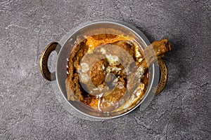 Chicken karahi korma masala with gravy served in dish isolated on background top view of bangladesh food