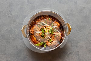 Chicken karahi korma msala served in dish isolated on table top view of asian and indian food