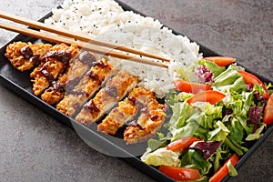 Chicken katsu is a Japanese dish that is also known as panko chicken or tori katsu served with rice and vegetables salad.