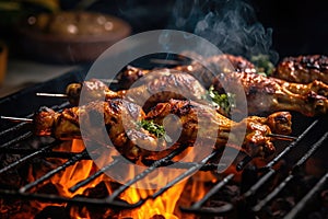 Chicken kebab is grilled on a barbecue on a black background. ound. Generative AI technology