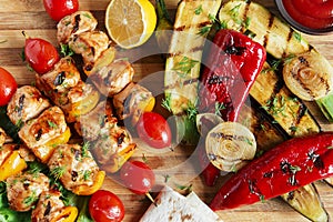 Chicken kebab skewer with grilled vegetables barbecue