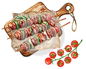 Chicken kebab skewers with vegetables. Watercolor illustration