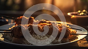 Chicken kebabs served with basmati rice. Blurred background