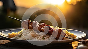 Chicken kebabs served with basmati rice. Blurred background
