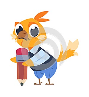 Chicken kid at school. Cartoon bird holding pencil. Little chick getting knowledge in kindergarten or academy. Animal in