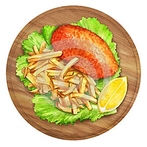 Chicken Kiev cutlets and french fries on wooden plate. Watercolor illustration