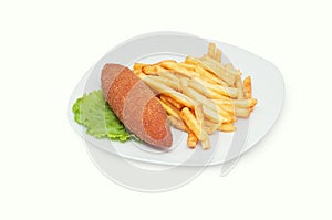 Chicken Kiev with french fries isolated on white plate