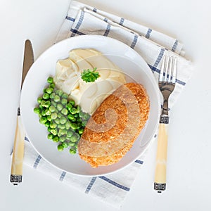 Chicken Kiev, ukrainian cuisine. Chicken cutlets in bread crumbs stuffed with butter and herbs, served with mashed potato and