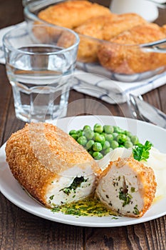 Chicken Kiev, ukrainian cuisine. Cutted chicken cutlet in bread