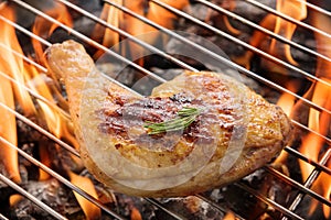 Chicken leg grilling over flames on a barbecue