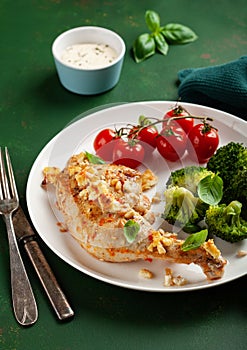 chicken legs backed with feta cheese tomatoes and broccoli, healthy keto meal