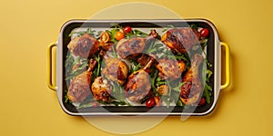 Chicken Legs Tray Bake on a Yellow background