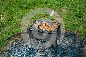 Chicken legs and wings are fried on coals in a brazier in a barbecue grill, marinated chicken is fried on a picnic