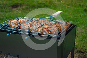 Chicken legs and wings are fried on coals in a brazier in a barbecue grill, marinated chicken is fried on a picnic