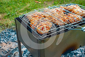 Chicken legs and wings are fried on coals in a brazier in a barbecue grill, marinated chicken is fried on a picnic