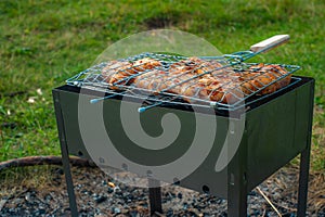 Chicken legs and wings are fried on coals in a brazier in a barbecue grill, marinated chicken is fried on a picnic