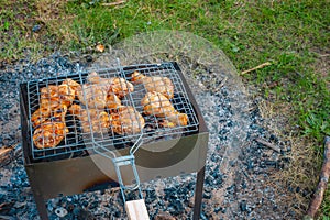 Chicken legs and wings are fried on coals in a brazier in a barbecue grill, marinated chicken is fried on a picnic